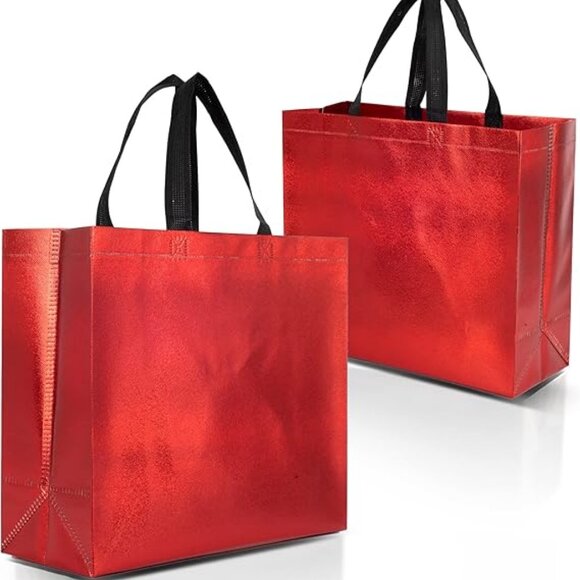 Red Gift Bags Large Size – Set of 12 Shiny Red Reusable Gift Bags With Handles - Picture 1 of 3